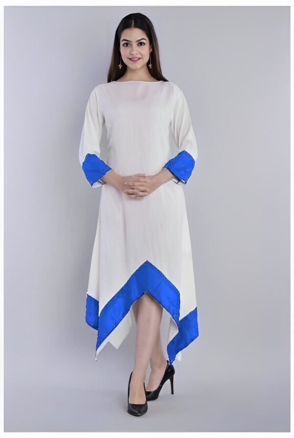 hemangi white rayon asymmetric hem kurta with blue contrast