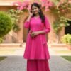 women’s solid red rayon flared kurta with sharara set – v neck casual wear with gota patti lace detailing
