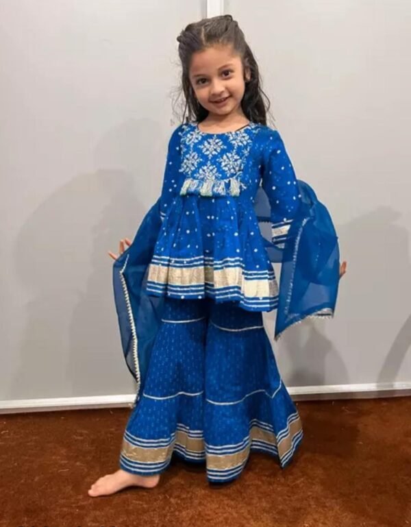 girls red rayon bandhni kurta sharara dupatta set