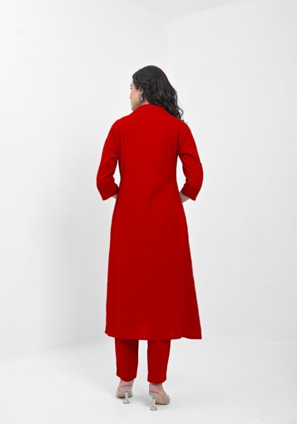 women’s solid grey viscose rayon front slit kurta with matching pants – button detailed