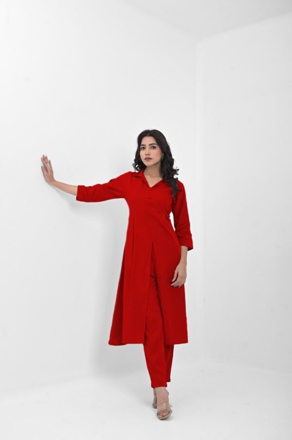 women’s solid grey viscose rayon front slit kurta with matching pants – button detailed