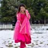 rani pink viscose rayon flared kurta pant dupatta set