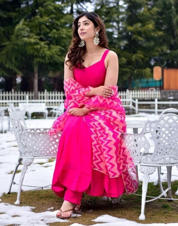 rani pink viscose rayon flared kurta pant dupatta set