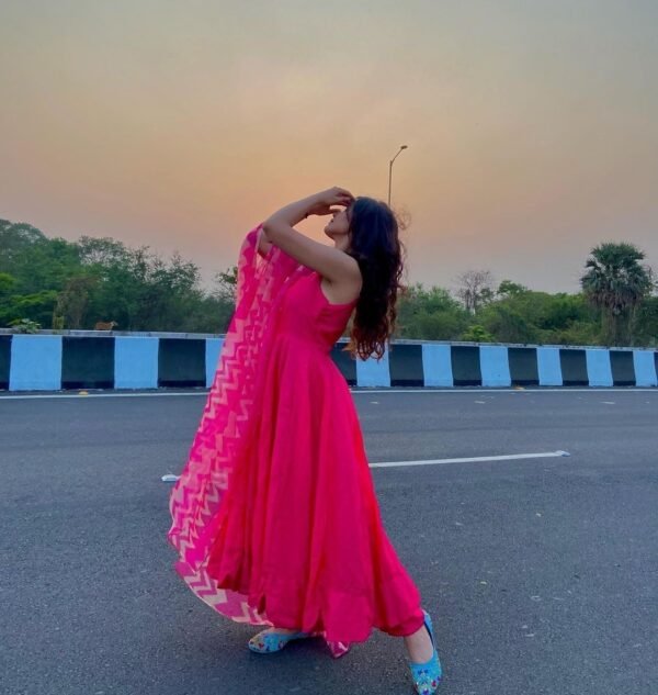 rani pink viscose rayon flared kurta pant dupatta set