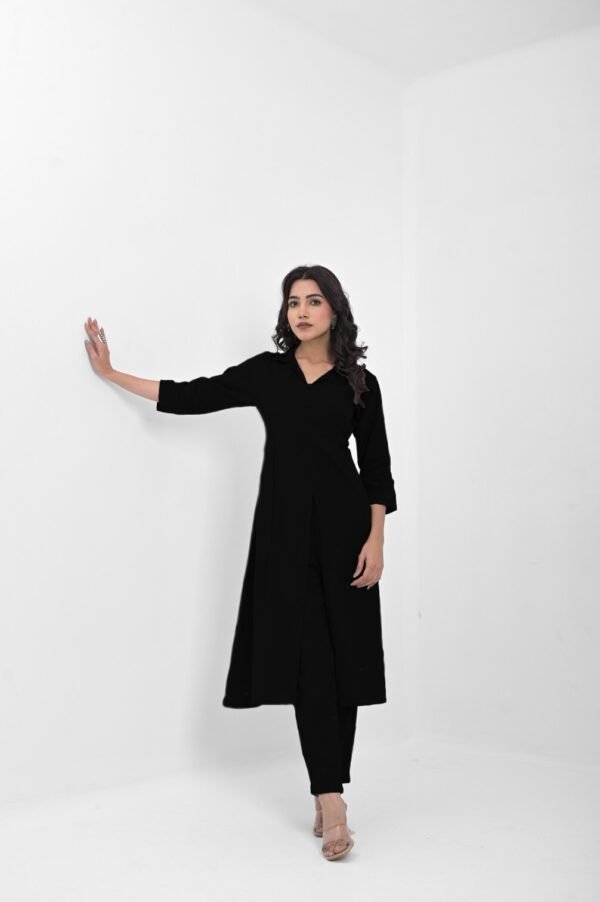 women’s solid grey viscose rayon front slit kurta with matching pants – button detailed