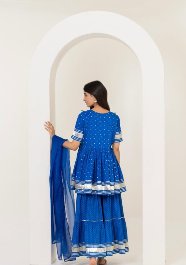 women’s blue bandhani print rayon kurta with sharara & dupatta set – zari embroidered party wear with tassel detailing