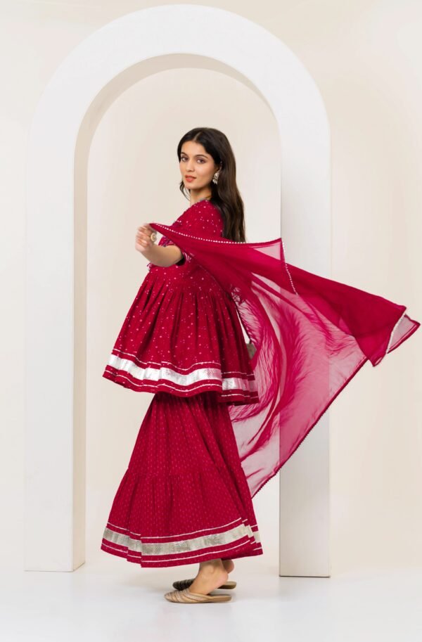 women’s blue bandhani print rayon kurta with sharara & dupatta set – zari embroidered party wear with tassel detailing