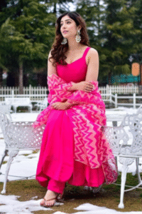 rani pink viscose rayon flared kurta pant dupatta set