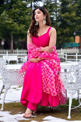 rani pink viscose rayon flared kurta pant dupatta set