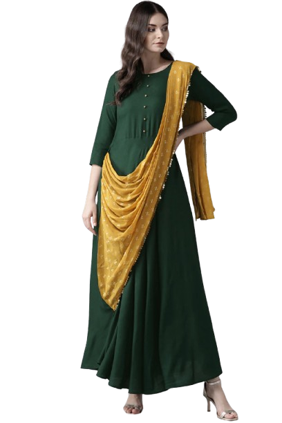 saree style green viscose rayon ankle length gown with dupatta