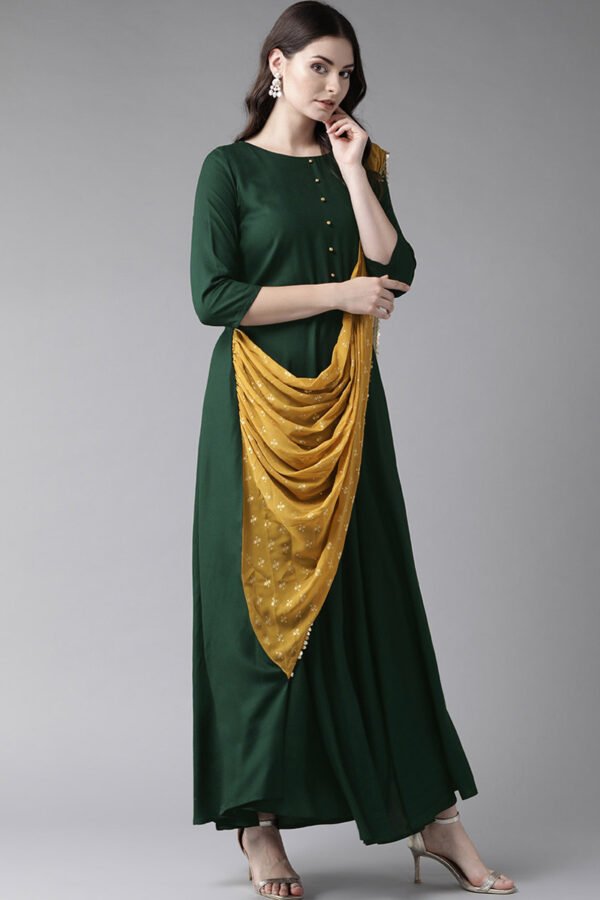 saree style green viscose rayon ankle length gown with dupatta