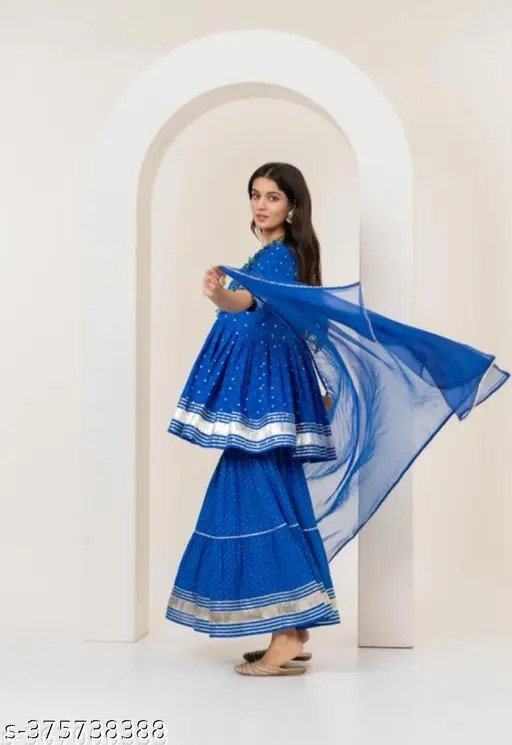 women’s blue bandhani print rayon kurta with sharara & dupatta set – zari embroidered party wear with tassel detailing