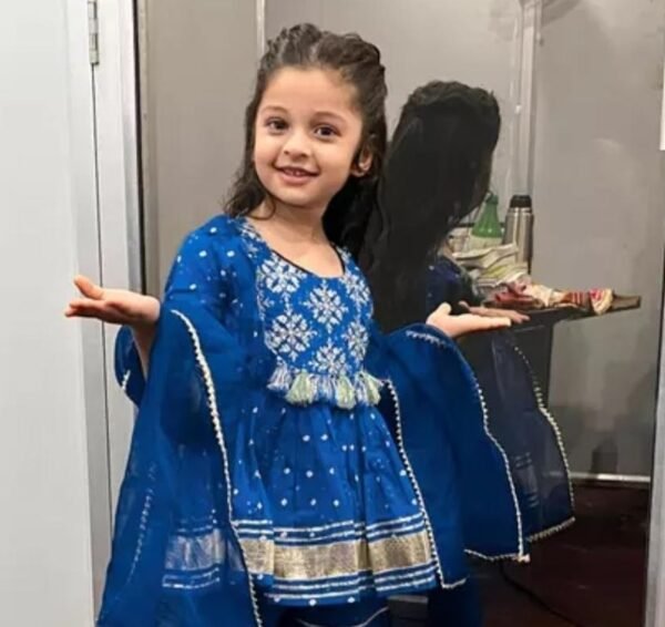 girls red rayon bandhni kurta sharara dupatta set