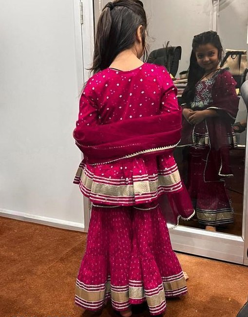 girls red rayon bandhni kurta sharara dupatta set