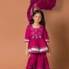girls red rayon bandhni kurta sharara dupatta set