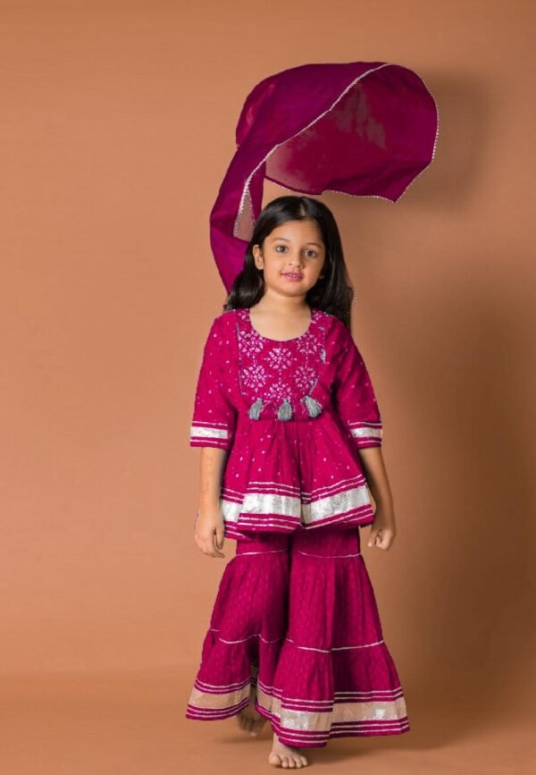 girls red rayon bandhni kurta sharara dupatta set